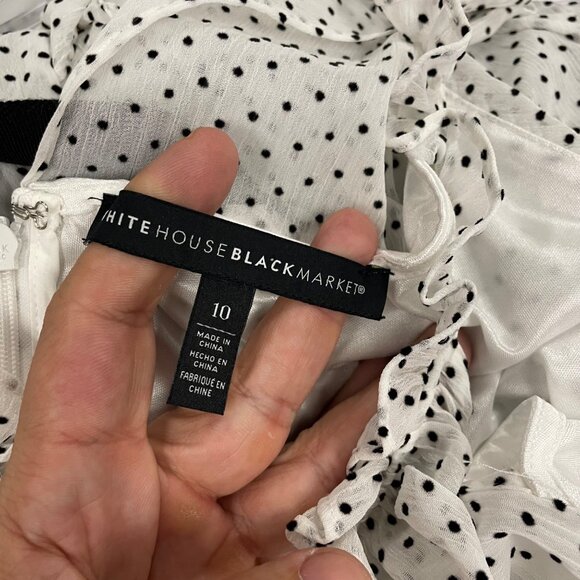 WHBM Womens Polka Dot Maxi Dress Halter Ruffle White/Black Belted Size 10 Lined - Picture 8 of 8